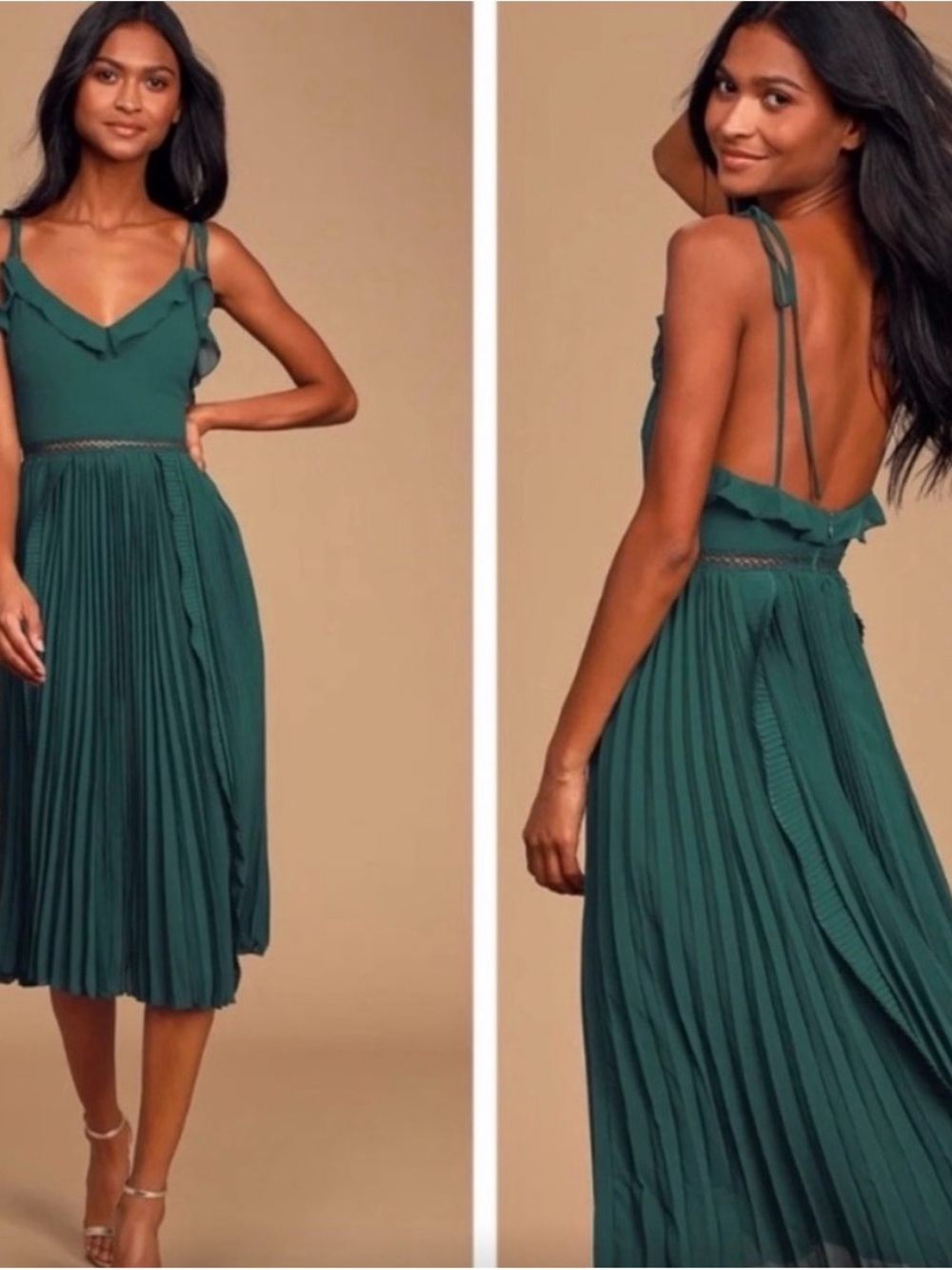 LuLu’s Never a Dull Moment Emerald Green Tie-Strap Pleated Midi
Dress - M